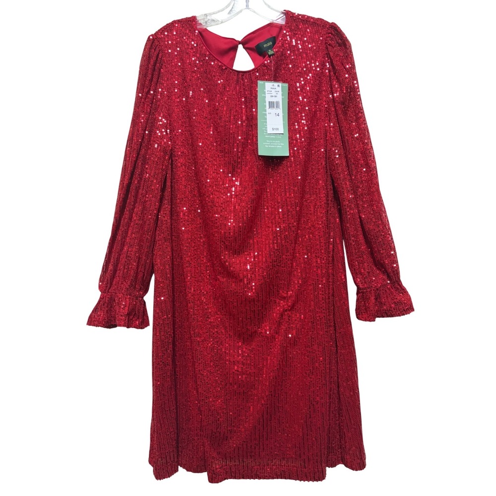 Maia‎ Red Sequin Long Sleeve Shift Dress Ruffle Cuff Keyhole Back JJ38705AJP 14